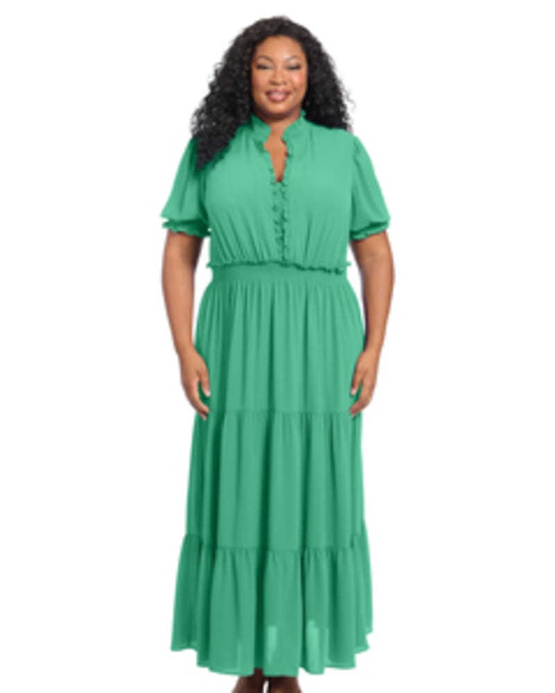 Front of a model wearing a size 14w Maria Puff Sleeve Tiered Maxi Dress in Jewel Green by London Times. | dia_product_style_image_id:254869